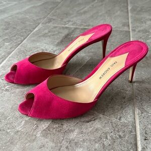 Paul Andrew Aristata Peep-Toe Mule Sandals Hot Pink Suede Sz 39